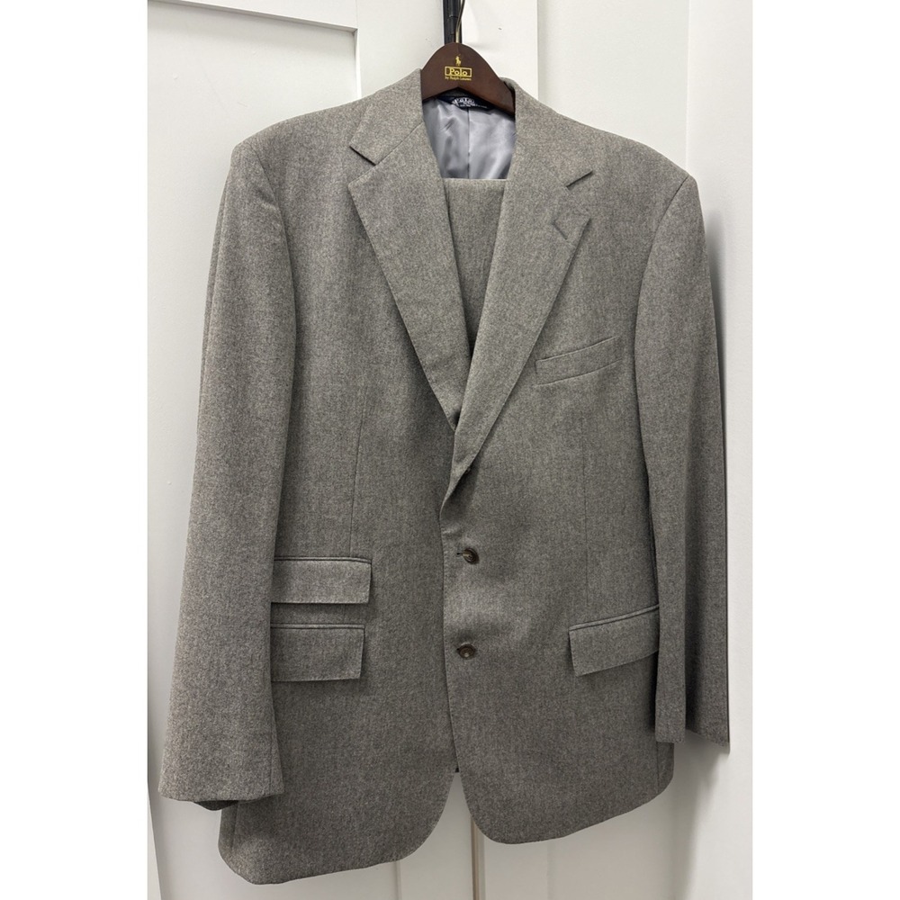 VTG Polo Ralph Lauren 2pc Wool Suit 43 Long Gray Ticket Pocket USA Cuffed 34x32